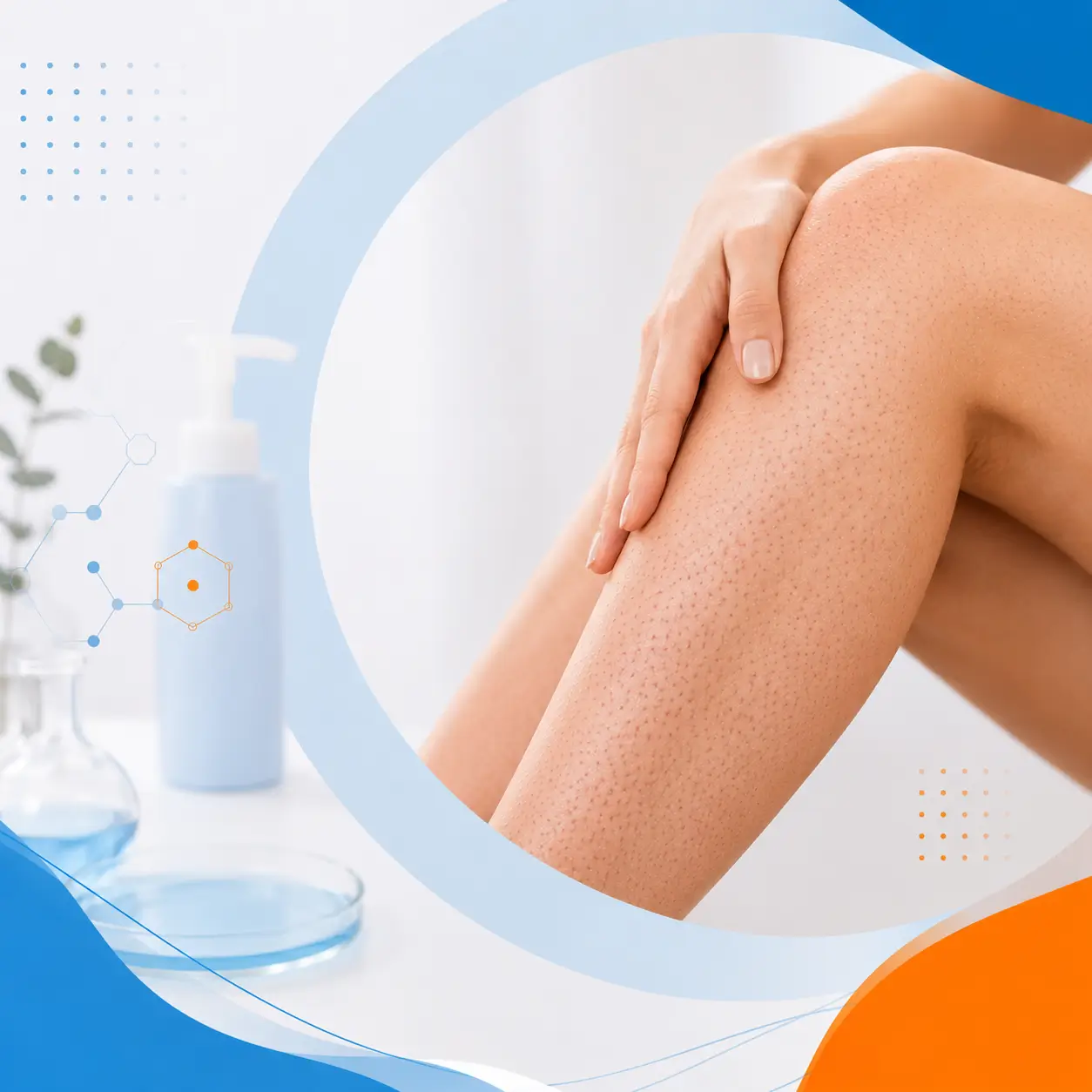 Piel de fresa: apariencia de los folÃculos y cuidado de la piel. Persona mostrando piernas con piel de fresa y folÃculos pilosos visibles en un entorno dermatológico.